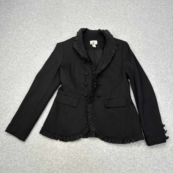 Chico’s Military Style Ruffle Trim Blazer Jacket WMNS 0 Black Open Front Button - Picture 3 of 15